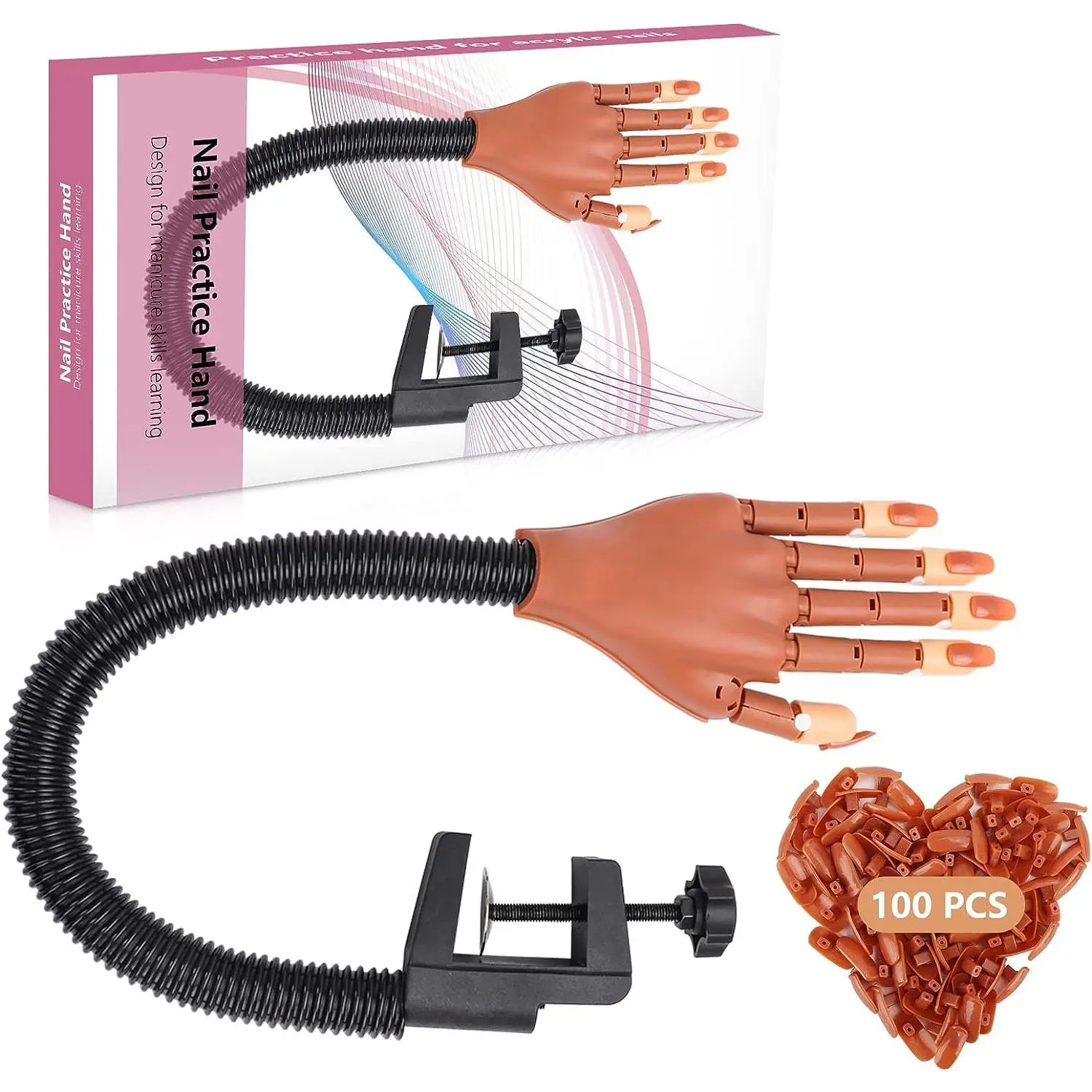 Practice Hand for Acrylic Nails, Flexible Nail Practice Hands Training Kits, Fake Mannequin Hands for Nails Practice, Movable Nail Mannequin Hand with 100PCS Nail Tips