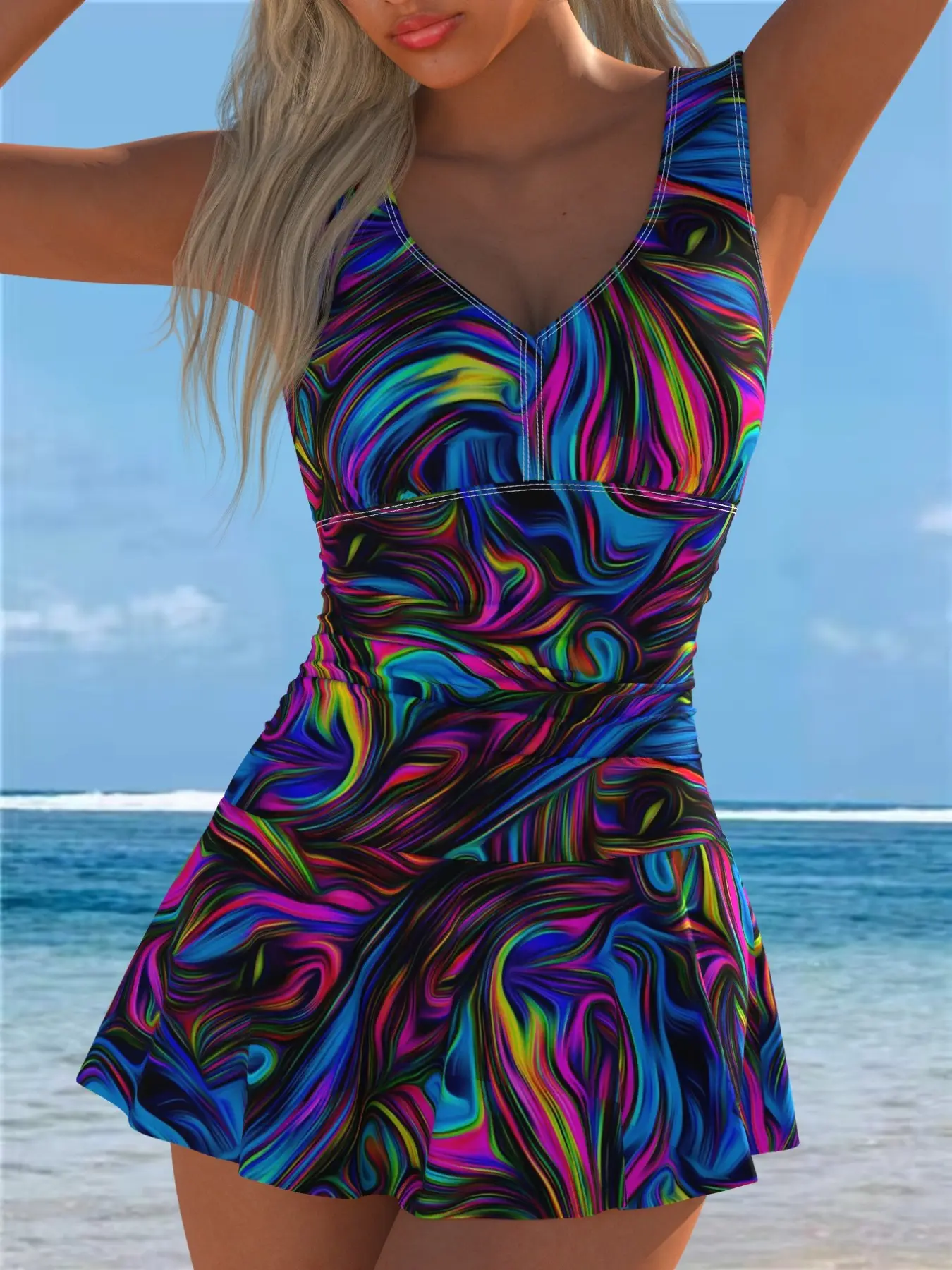 New European and American Style Women's Fashion One-Piece Patterned Swimsuit, Colorful Print Elegant Conservative High-End Swimsuit, Comfortable Beach Vacation Swimwear, Beachwear Swimsuits