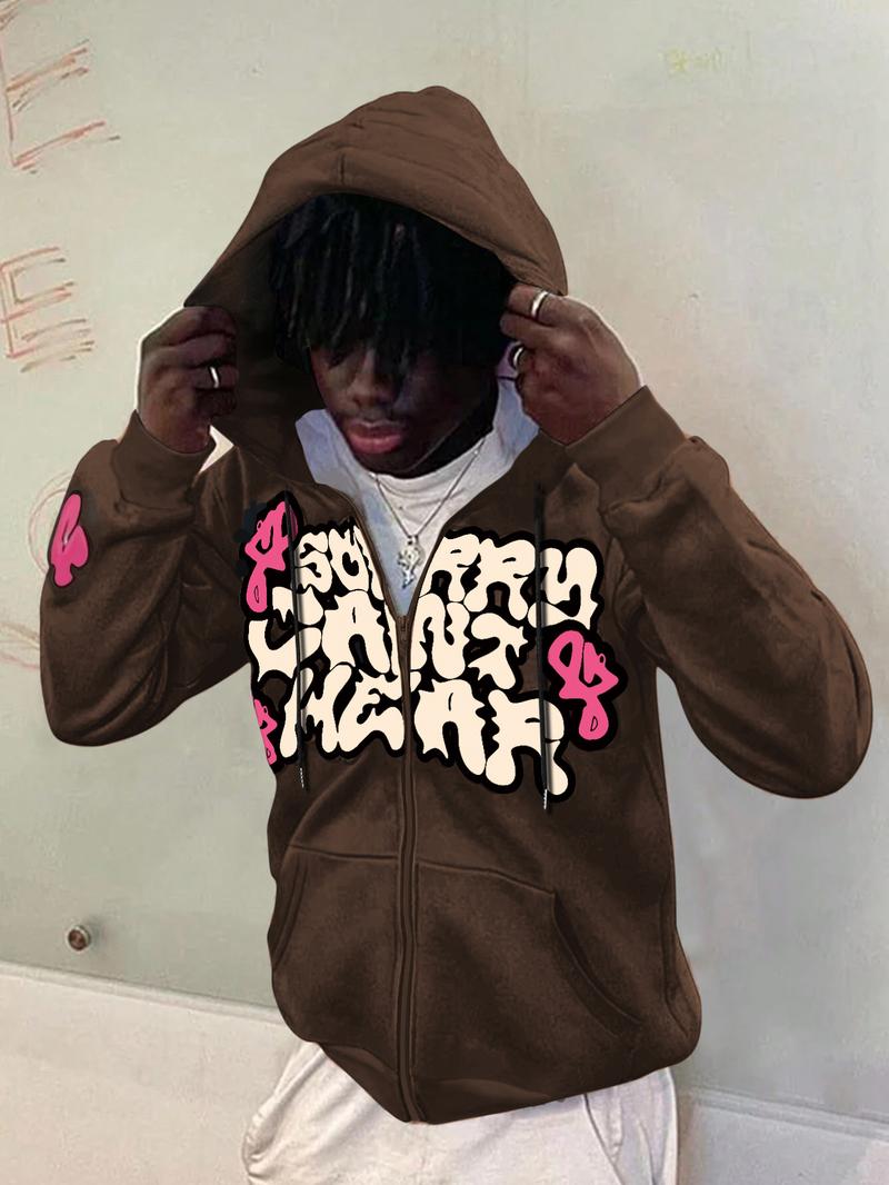 Men's Regular Fit Graphic Print Drop Shoulder Zip Up Hoodie, Fashion Casual Drawstring Pocket Plush Lined Hooded Sweatshirt for Daily Holiday Outdoor Wear, Men Clothes for Fall & Winter, Hooded Zipper Hoodie