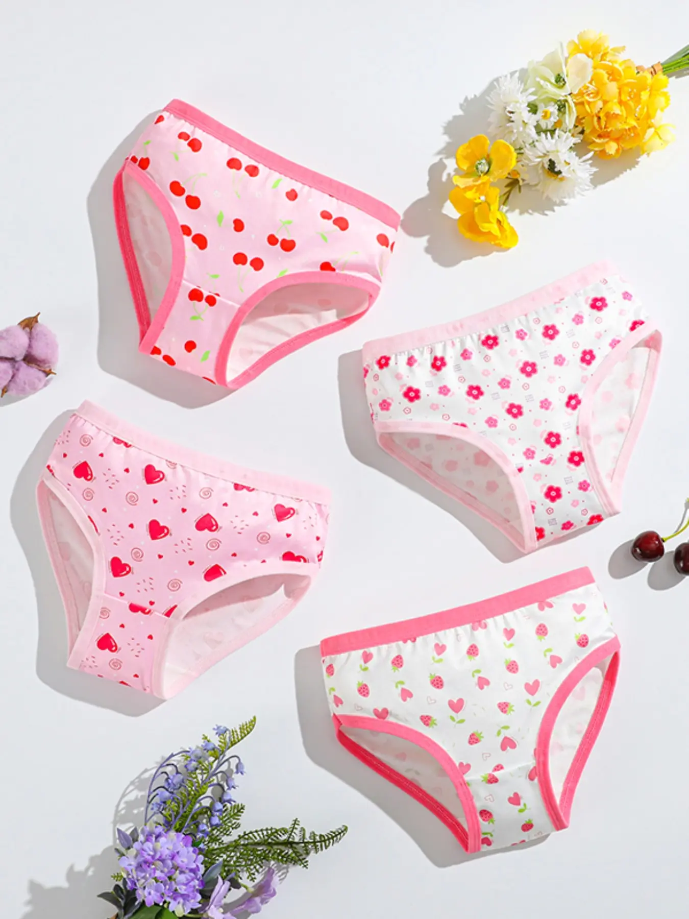 Girls' Cute Cartoon Pattern Polyester Fabric Underwear Set, 4 Pcs Fitted Fashion Pants, All-Seasons Fun & Stylish Design