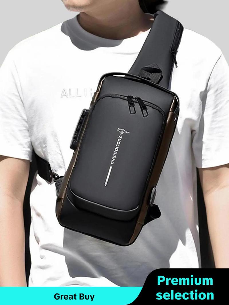 Letter Pattern Zipper Pu Sling Bag with Password Lock for Summer 2024, Waterproof Travel Business Chest Bag, Male Simple All-match Crossbody Bag As Gift, Designer Inspired Bags, 80s Luxury Aesthetic Crossbody Bags Valentine's Day, Gift for Him,  Work Bag