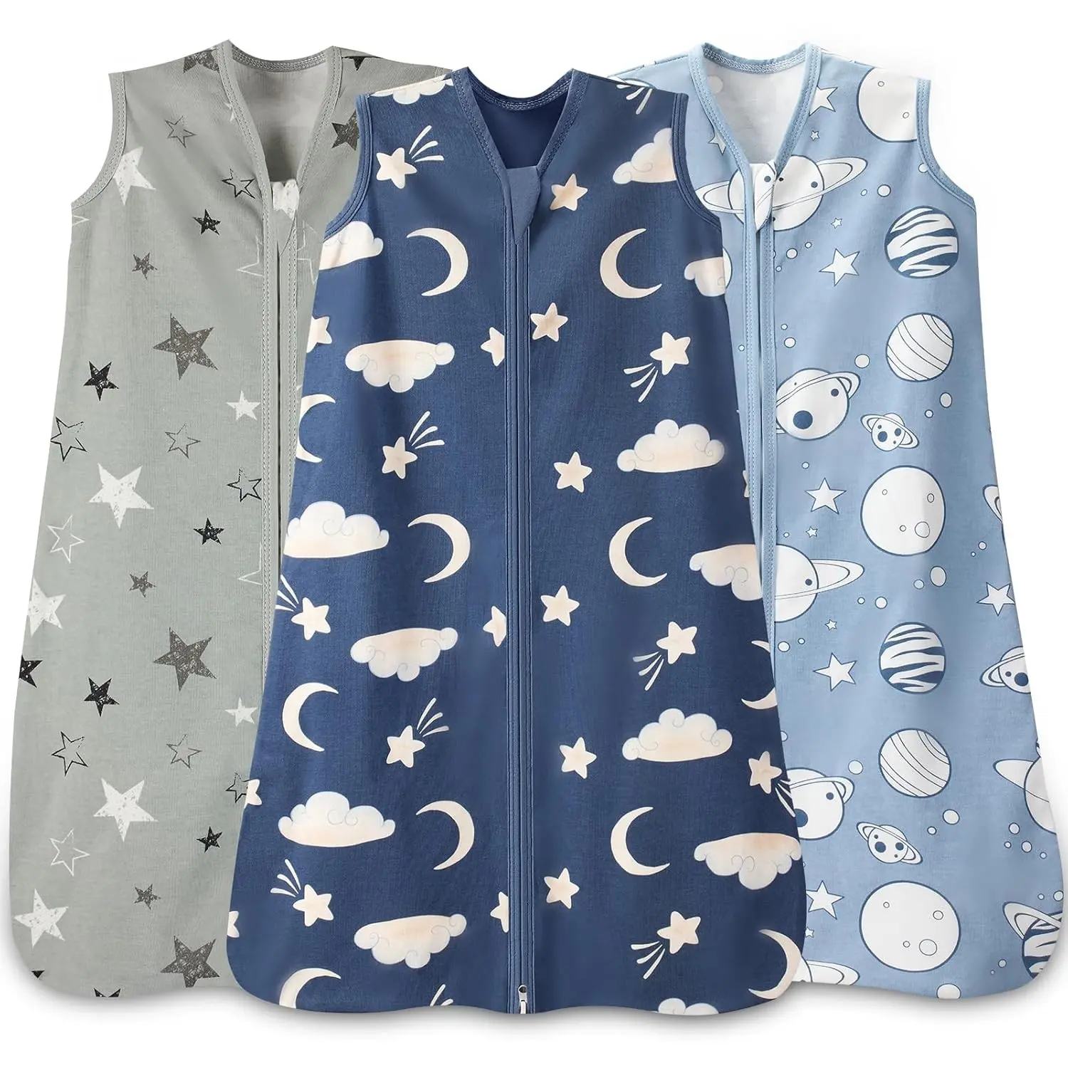 Zippered Baby Sleeping Bags 3-Pack, 100% Cotton TOG 0.5 Lightweight Wearable Blankets for 6-12 Months Infants, 2-Way Zipper Design for Boys and Girls, Sleeping Bag