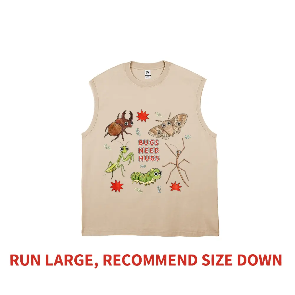 Bugs Need Hugs Cute Insects Cottagecore Heavyweight Boxy Fit Tank Top Vintage Washed Extremely Oversized Pure Cotton Graphic Vest Kidcore Animal Lover Vibe