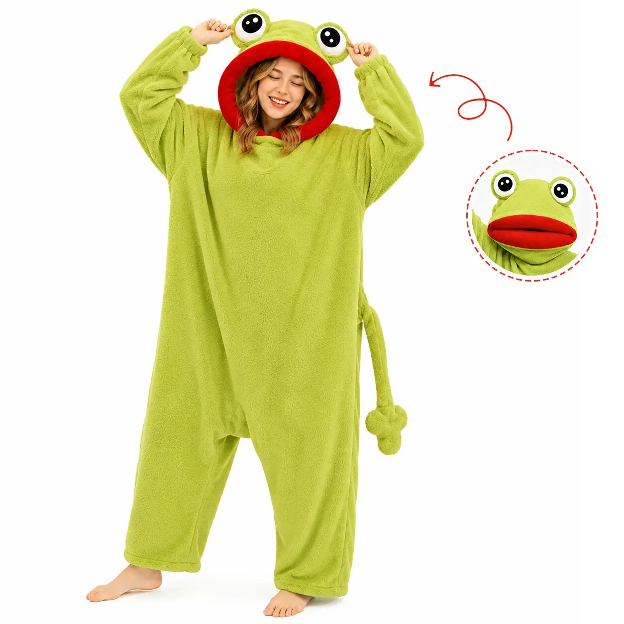 Adult Funny Frog Plush Hooded Onesie Pajamas, Soft Fleece Zipper Jumpsuit, Halloween Christmas Party Costume, Loungewear, Home Loungewear