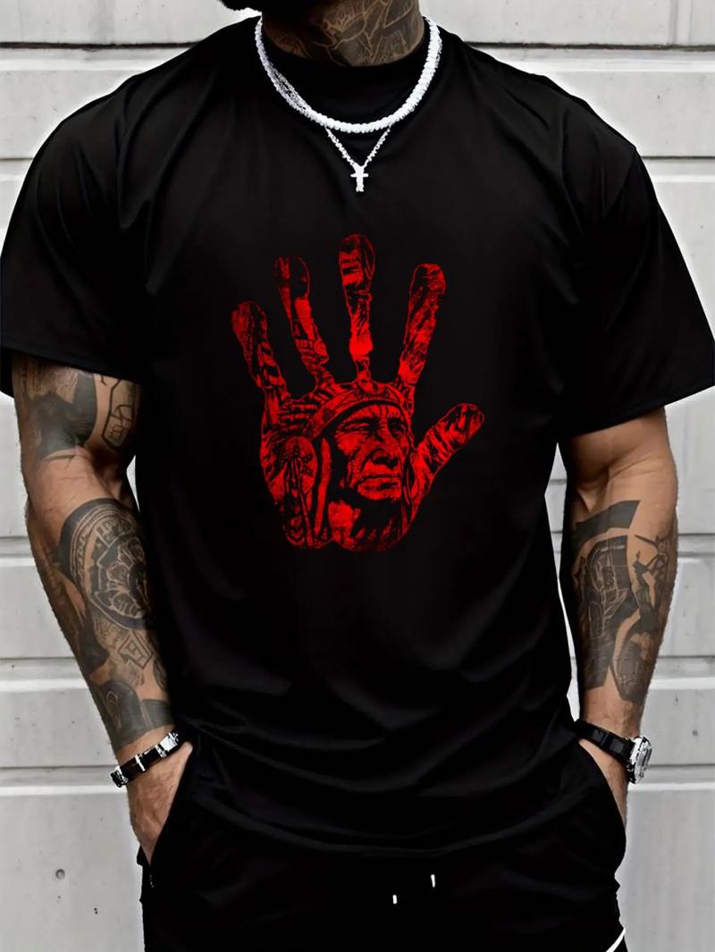 A T-shirt with a red handprint pattern of Native Americans. It's a short-sleeved round-neck casual top suitable for all seasons and can be worn by both men and women.
