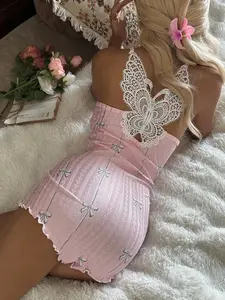 Women's Sleepwear with Lace Trim, Bow Print, Cute Stripes, Comfortable One-Piece Pajamas, Casual Lounge Wear for Women