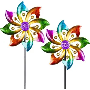 2 Packs Outdoor Metal Wind Spinner, Colorful Pinwheels for Yard and Garden, Kinetic Rainbow Spinner Wind Sculpture Garden Decor