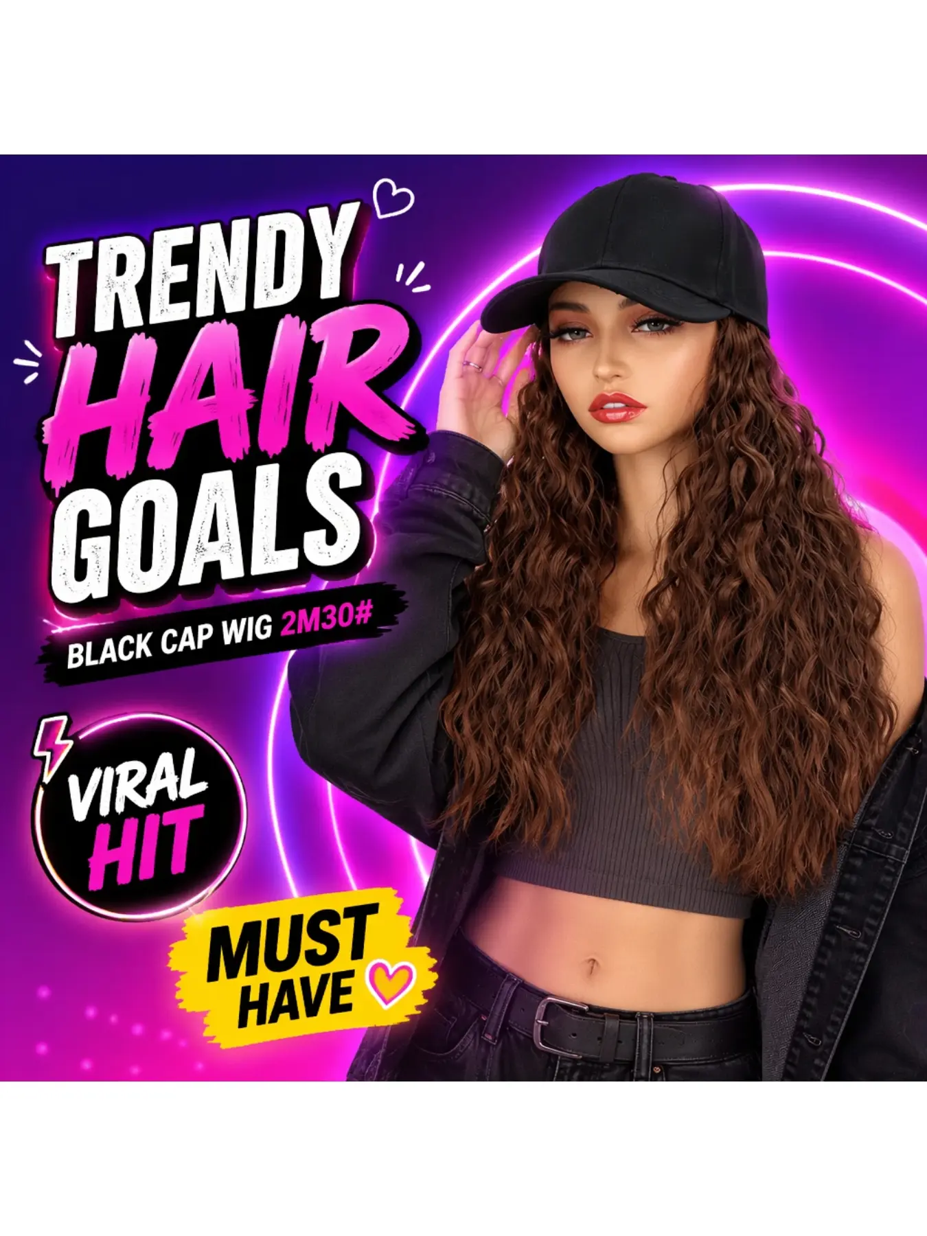Women All In One Hat Wig, 18inch Water Wave Highlight Synthetic Baseball Cap Wig, 6 Ombre Shades Lightweight Heat Resistant Hairpiece For Daily Wear