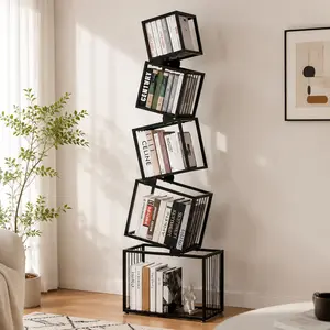 5-Tier Metal Geometric Bookshelf - Modern Narrow Floor Bookcase, Space-Saving Home Office Furniture Organizer for Living Room, Bedroom, 66.9in Tall Black Iron Open Shelf with Anti-Tip Kit, Iron/MDF Material