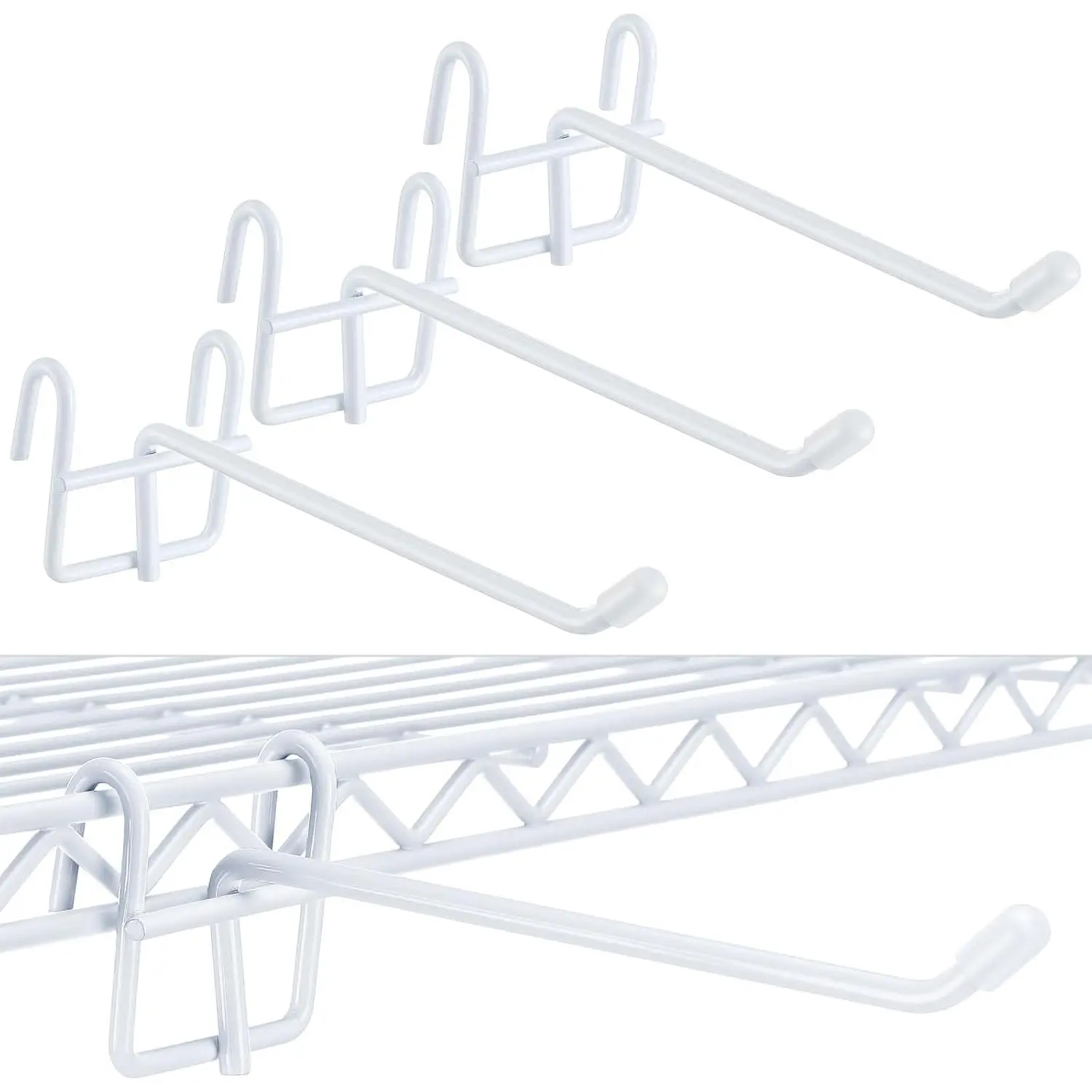 4 count Accessory Shelving Hook for Wire Shelf Accessories, White | Heavy Duty Metal with Rubber Cover, Fits Wire Shelves Organizing Kitchen Tools, Space-saving Storage Pantry Garage Closet