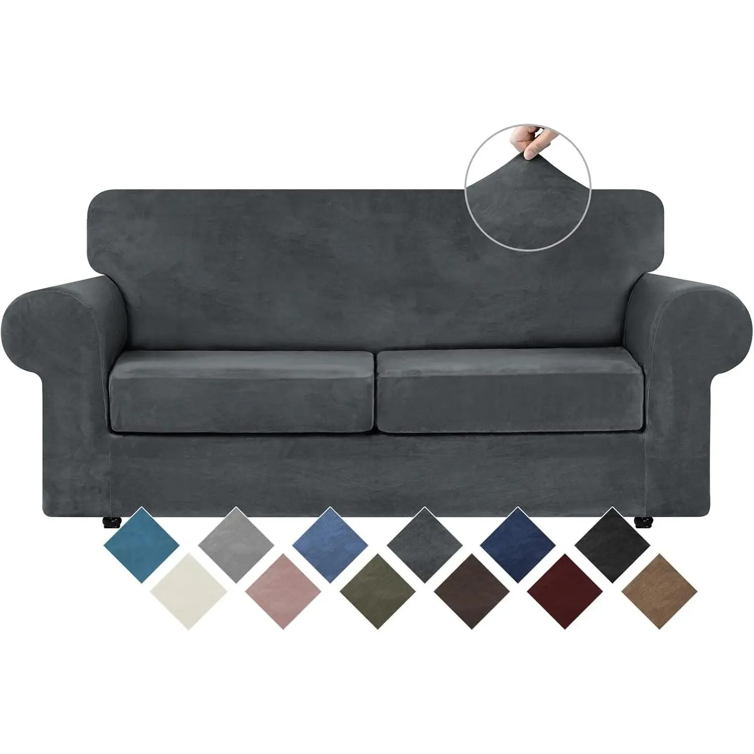 Velvet Couch Covers for 2 Cushion Couch Sofa - High Stretch Luxury Velvet Plush 3 Pieces Sofa Slipcovers with Elastic Bottom, Furniture Protector for Pets, Machine Washable, Dark Grey, Medium