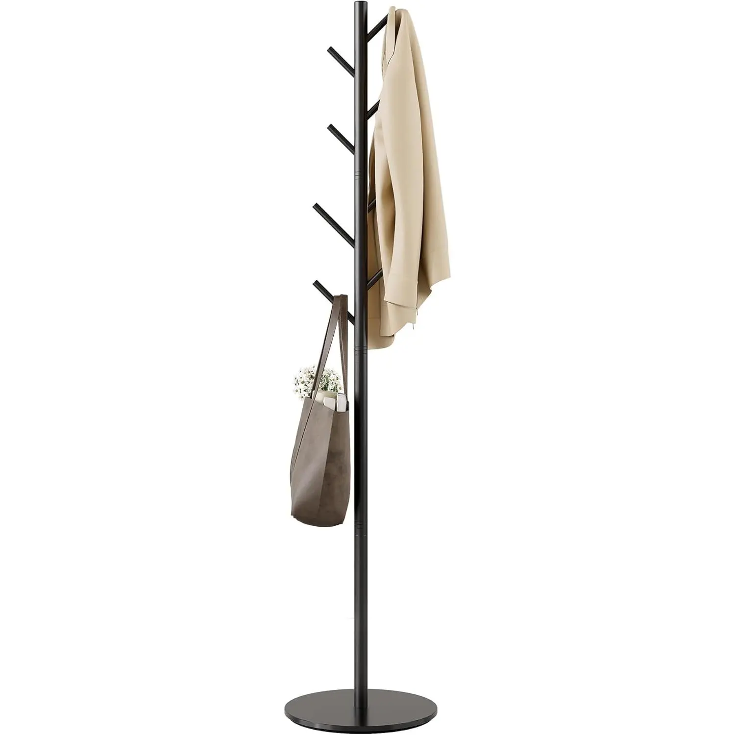 Coat Rack with 8,3 Heights, Hall Tree, Sturdy Clothes Stand with Sintered Stone Base for Entryway, Office, Bedroom, for, Hats, Handbags and Scarves, Black