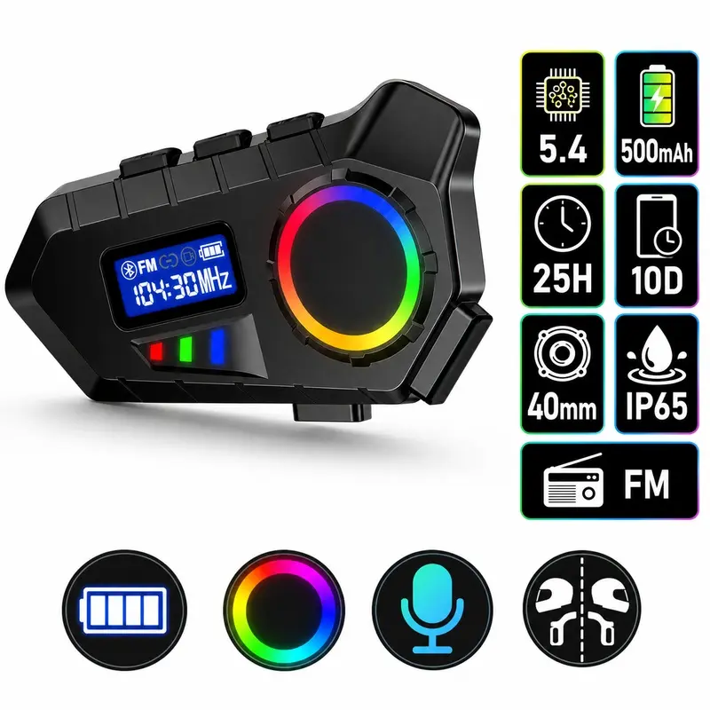 Bluetooth Motorcycle Helmet Speaker for Riding, Wireless Helmet Headset with FM Radio, Call Answering, 25H Talk Time and Ambient Light