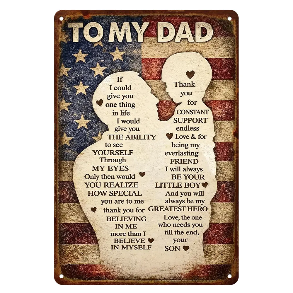 Metal Wall Plaque 8"×12" - Lightweight Hollow Aluminium Sign, Son-to-Dad Thank You Quote, USA Flag Silhouette, Vintage Home Decor, Father's Day Dad Birthday Gift