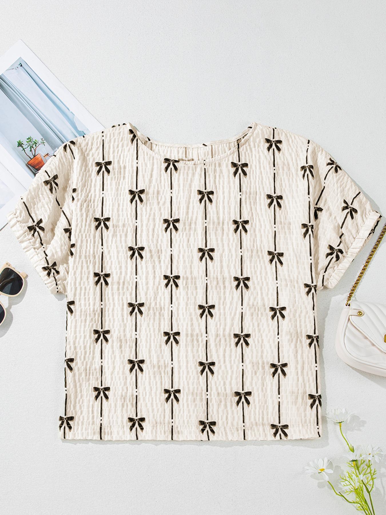 Women's Bow Print Tee, Casual Short Sleeve T-shirt for Daily Wear, Ladies Clothes for All Seasons