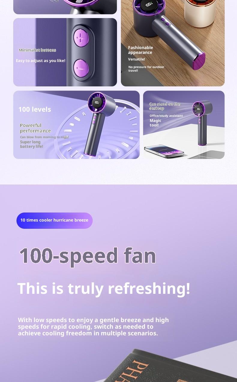 High Speed Portable Handheld Fan, 100-Speed Adjustable Turbo Mini Fan, Low Noise Rechargeable Personal Fan with Digital Display, Ideal for Gifts, Travel, Camping & Outdoor Use