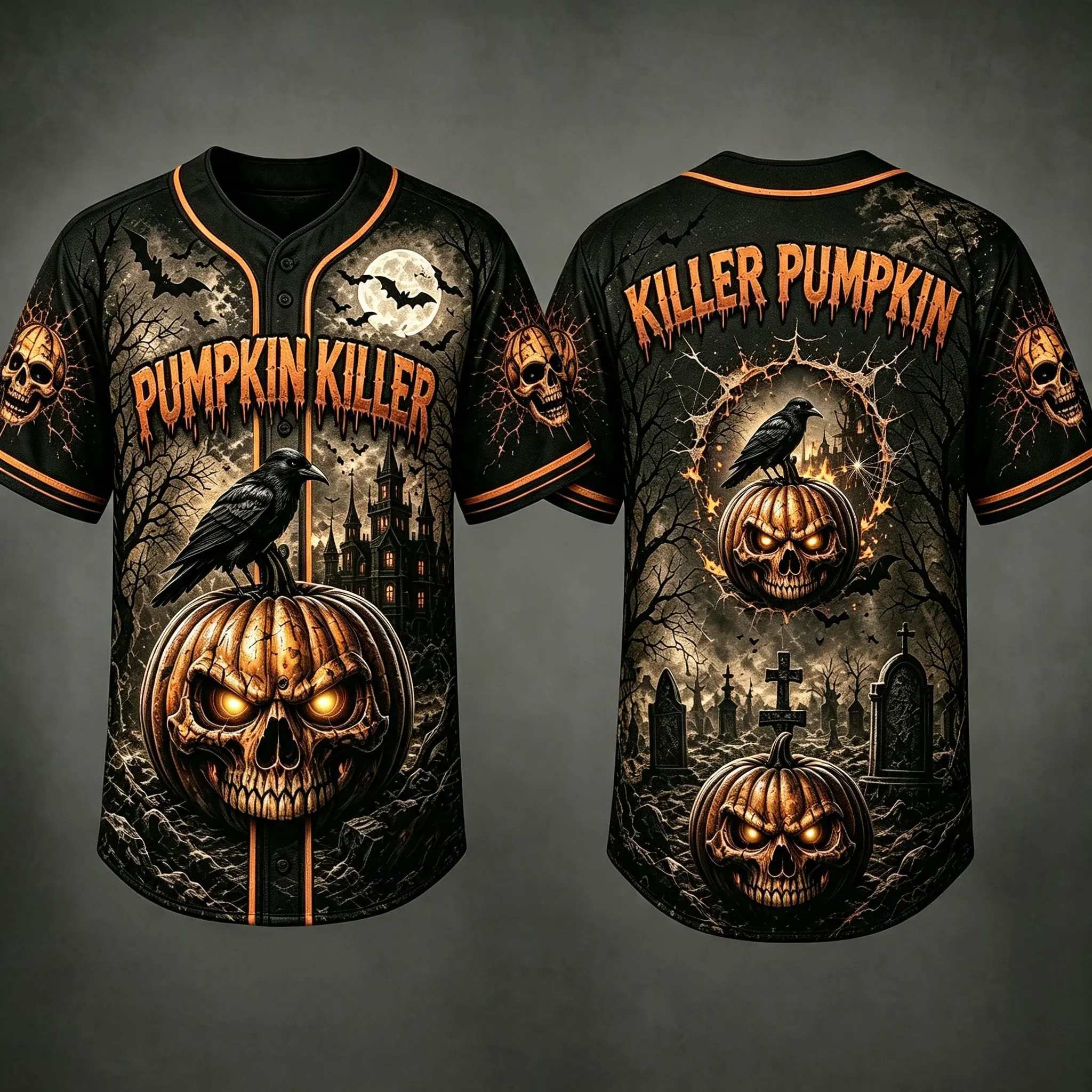 Men's Baseball Jersey Black Orange Halloween Pumpkin Killer Skull Crow Graveyard Print Casual Sports Wear Party Costume Top