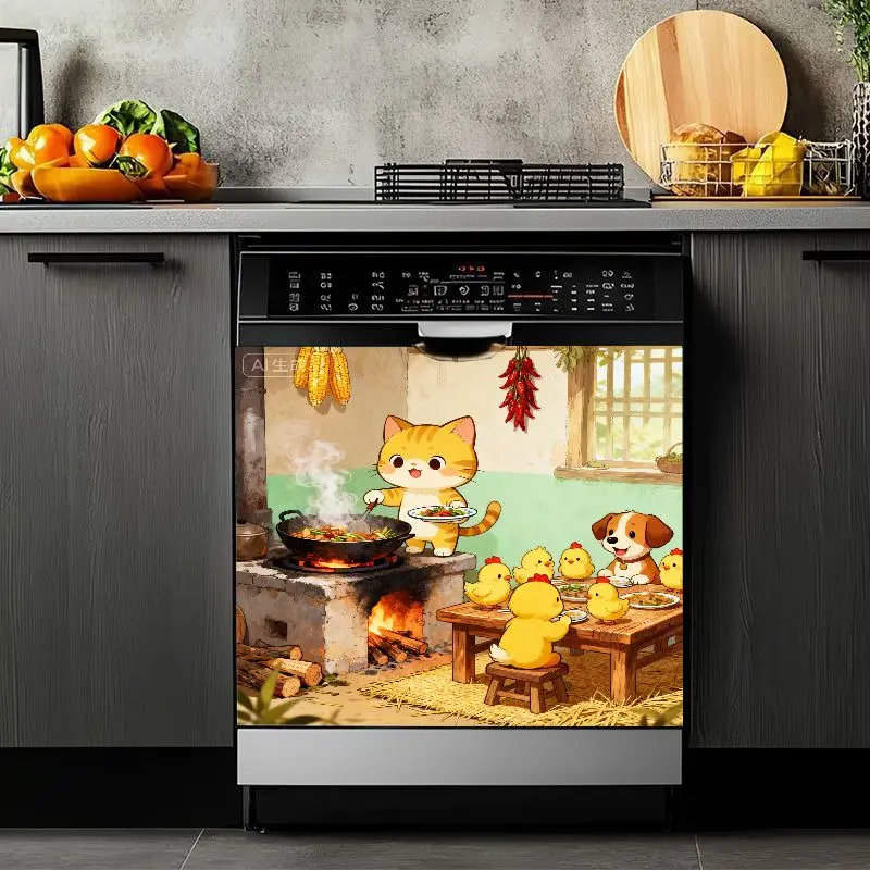 2D Flat 2Pcs Cartoon Kitchen Decor Sticker Cat Puppy Chicks Cooking Scene Pattern Self-Adhesive Vinyl Removable Waterproof Appliance Cover Decorative Art for Dishwasher Refrigerator Cabinet Living Room Dining Laundry