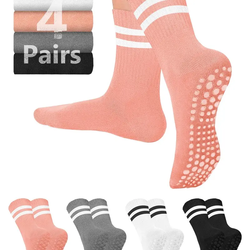 Women's Non Slip Yoga Socks | Grip Soles | Knee High | Pilates Barre Dance | 4 Pair Pack