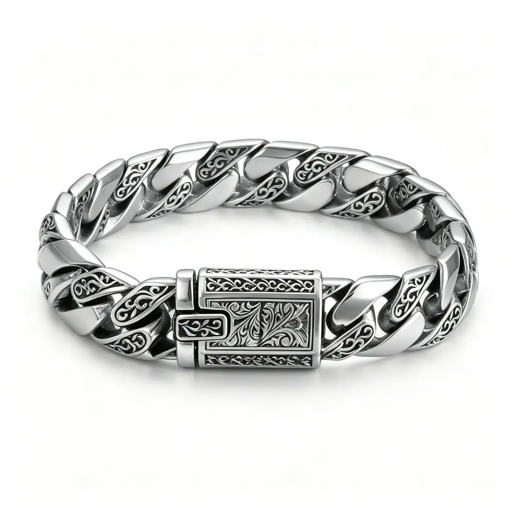 925 Sterling Silver Chunky Link Cuban Bracelet for Men - Punk Hip Hop Vintage Scrollwork Engraved Chain Wristwear, Edgy Streetwear Outfits Statement Gift, Chunky Links