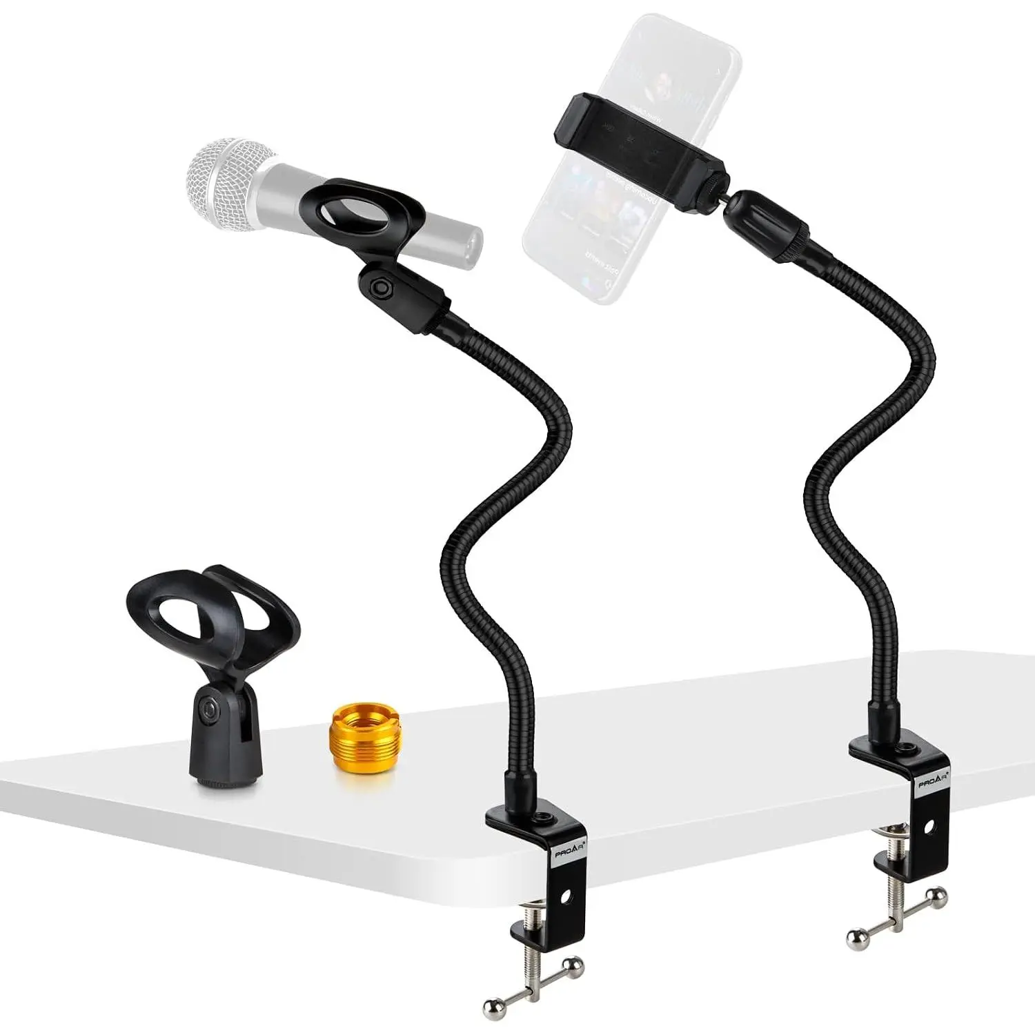 13-Inch Flexible Gooseneck Mic Stand with Phone Holder and Clamp |  Microphone/Phone Stand Holder with Heavy-Duty Desk Clamp, Mic Clip and 3/8" to 5/8" Screw Adapter.