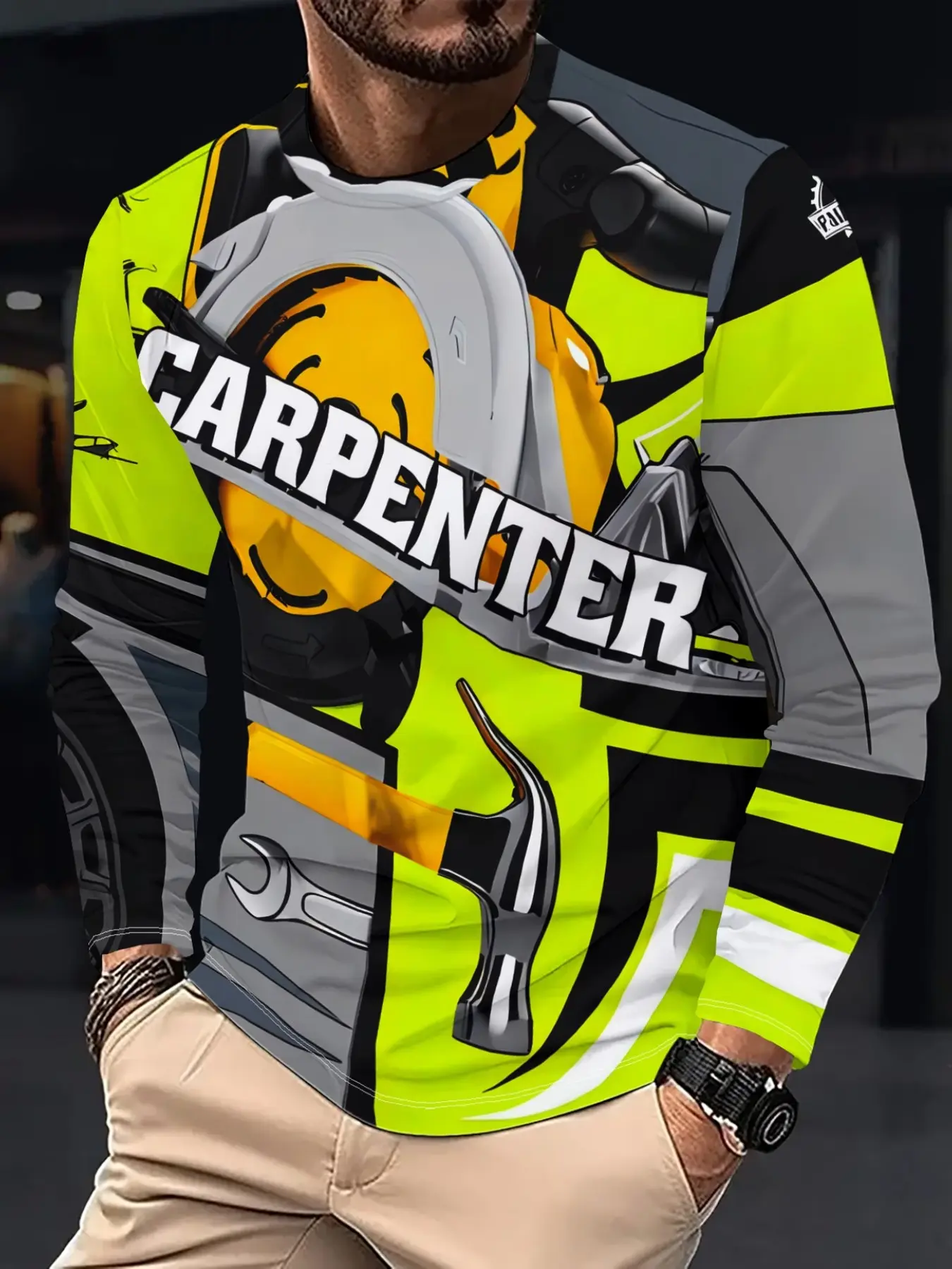 Men's Carpenter Tool Safety Hat Full Print Long Sleeve T-Shirt, Fluorescent Workwear, Breathable Round Neck, Trendy Woodworking Top