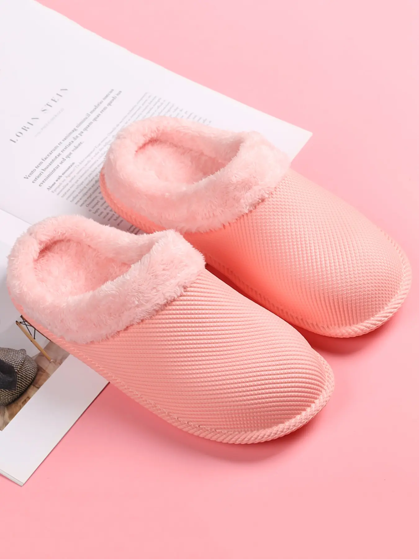 Women's Eva Waterproof Faux Fur Slippers, Winter Home Slip-Ons, Cute Striped Design, Non-Slip Thick Sole, Warm Indoor Footwear
