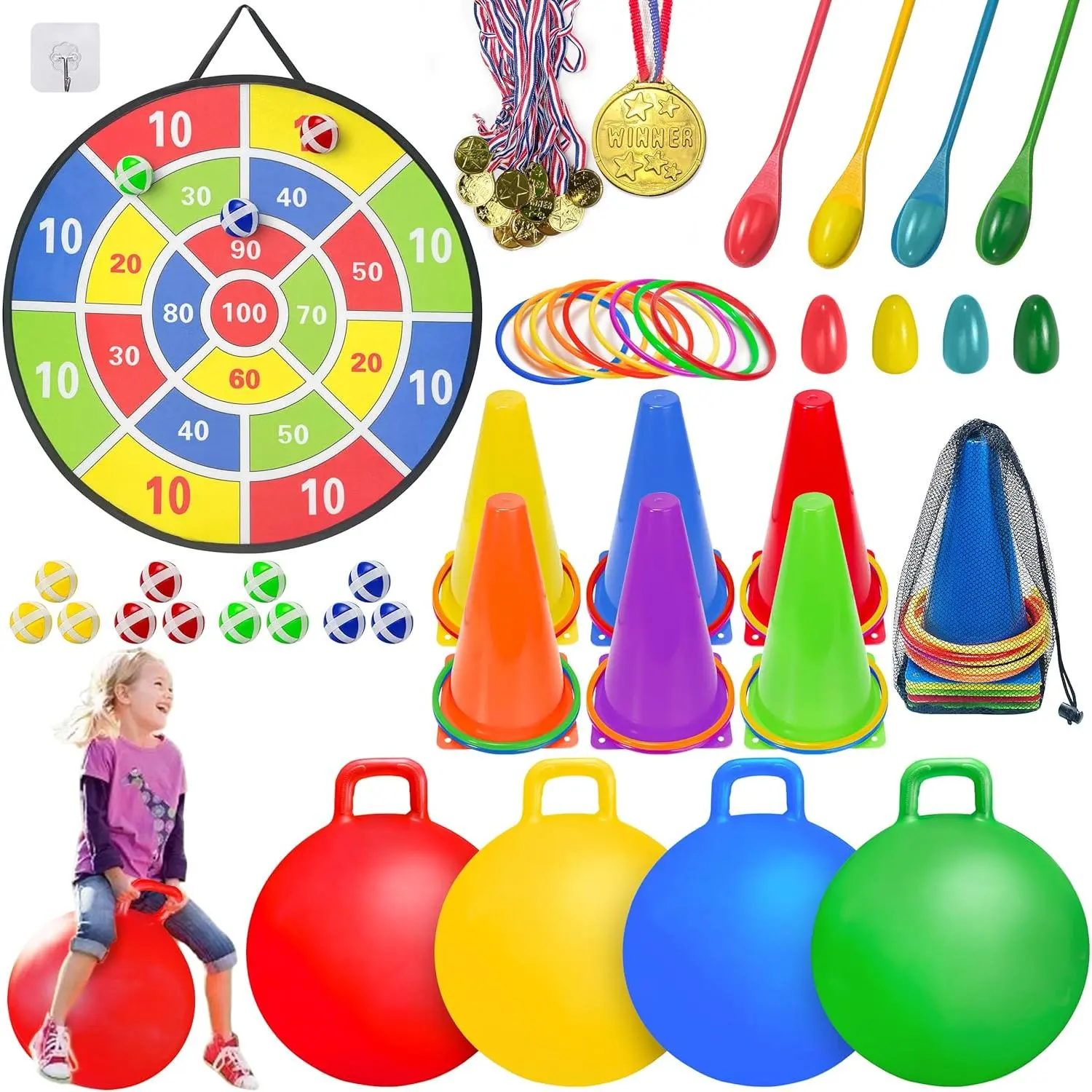 Carnival Games Combo Set Outdoor Activities, Field Day Lawn Yard Family Reunion Fall Festival Games Hopper Balls Dart Board for Kids Ring Toss Egg and Spoon for Kids Birthday Partyfidget toys