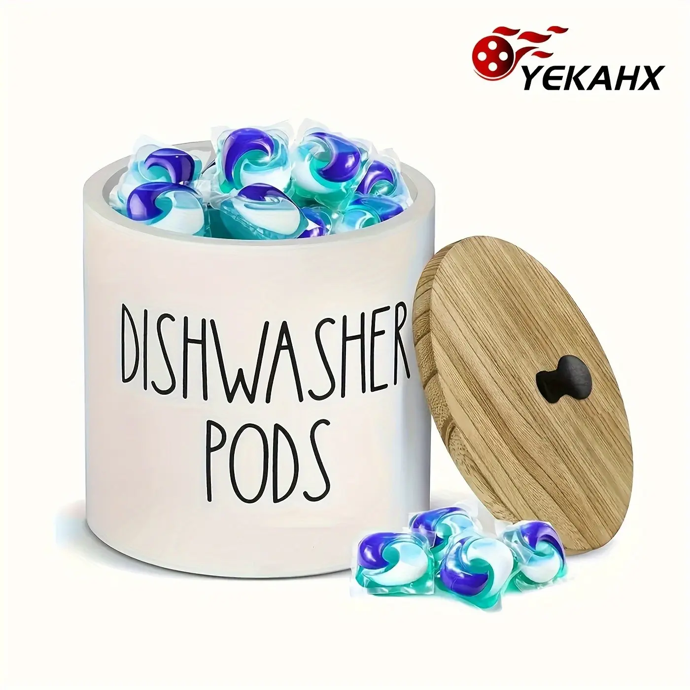 Rustic Round Bamboo Dishwasher Pod Holder with Lid - Stylish Kitchen Storage Solution for Dishwasher Tablets & Laundry Detergent Pods
