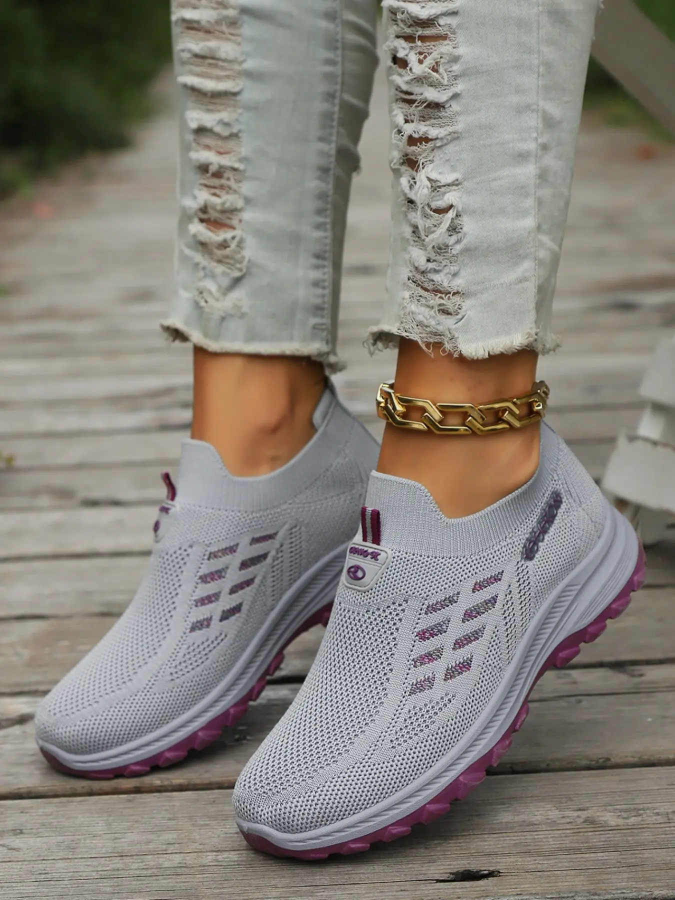 Women's Hollow Out Mesh Flyknit Shoes, Breathable Elastic Zigzag Anti-Slip Shock Absorption Thick Sole, Comfortable Casual Footwear
