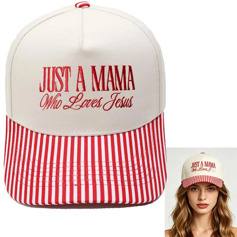 Viral Faith-Based Slogan Cap Just A Mama Who Loves Jesus Cream Red White Stripe Brim Baseball Hat Aesthetic Streetwear Gift For Her, Accessories For Women