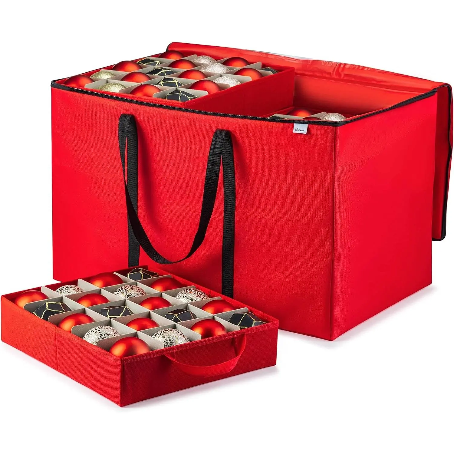 ZOBER Christmas Ornament Storage Box, Stores 200 3" Ornaments with Individual Trays, Tear Proof 600D Oxford Fabric, Red