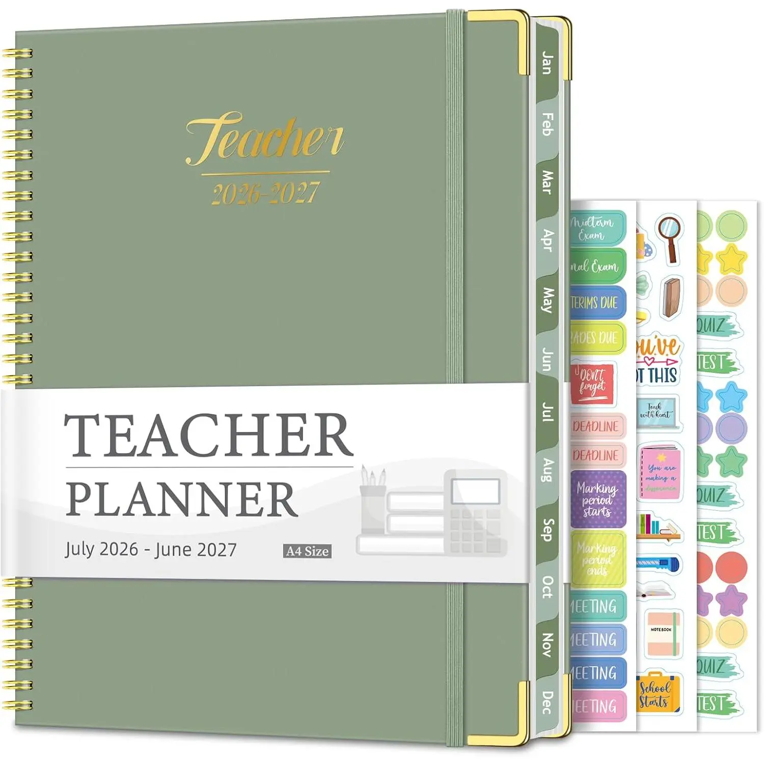 Teacher Planner 2026-2027, Jul 2026-Jun 2027 Academic Year, 8.5" x 11" Lesson Planner Book for Teachers Calendar, Spiral Bound Planners, Colorful Monthly Tabs, Hardcover, Corner Protectors - Green