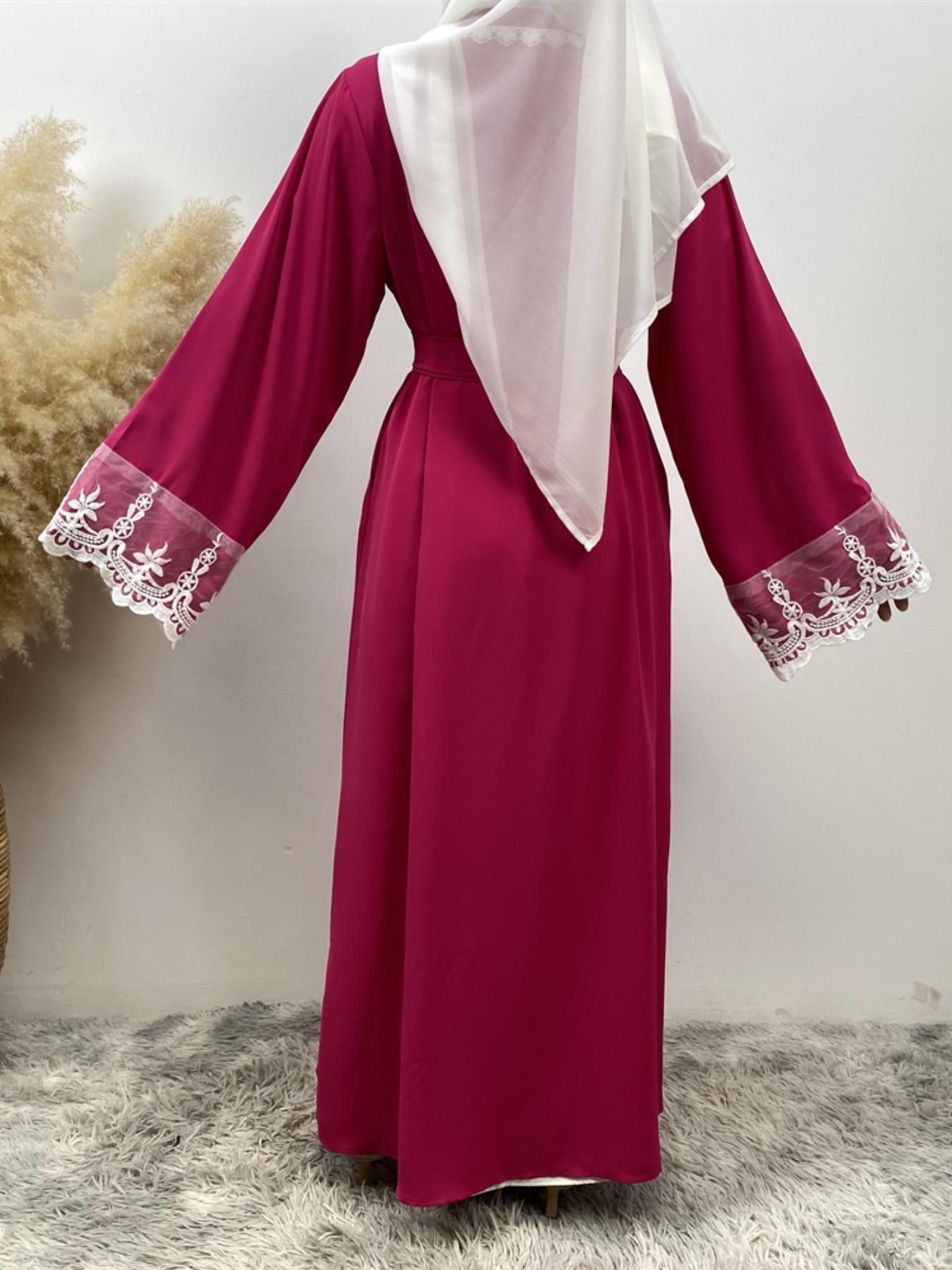 Women's Contrast Lace Belted, Elegant Long Sleeve Open Front Abaya Modesty Abaya for Party Holiday Vacation, Ladies Islamic Clothing for All Seasons