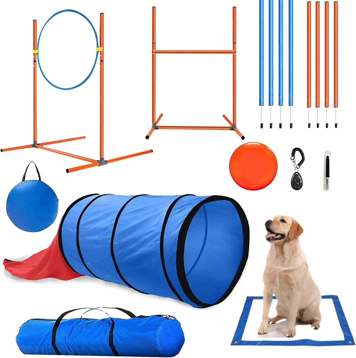 Training Set for Dogs - Affordable Dog Jump Training Obstacle Course Starter Kit Pet Outdoor Games with Tunnel, Flying Disc, Weave Poles, Jump Ring and Carrying Bag