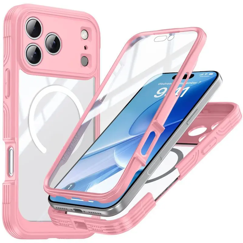 Unisex Military-Grade Magnetic iPhone 17 Pro Max Phone Case Accessory - Dual-Function, Double-Sided Full-Cover, Built-In Tempered Glass Screen Protector, All-Around Drop/Dust/Scratch Protection for Outdoor Commuting, Accessories