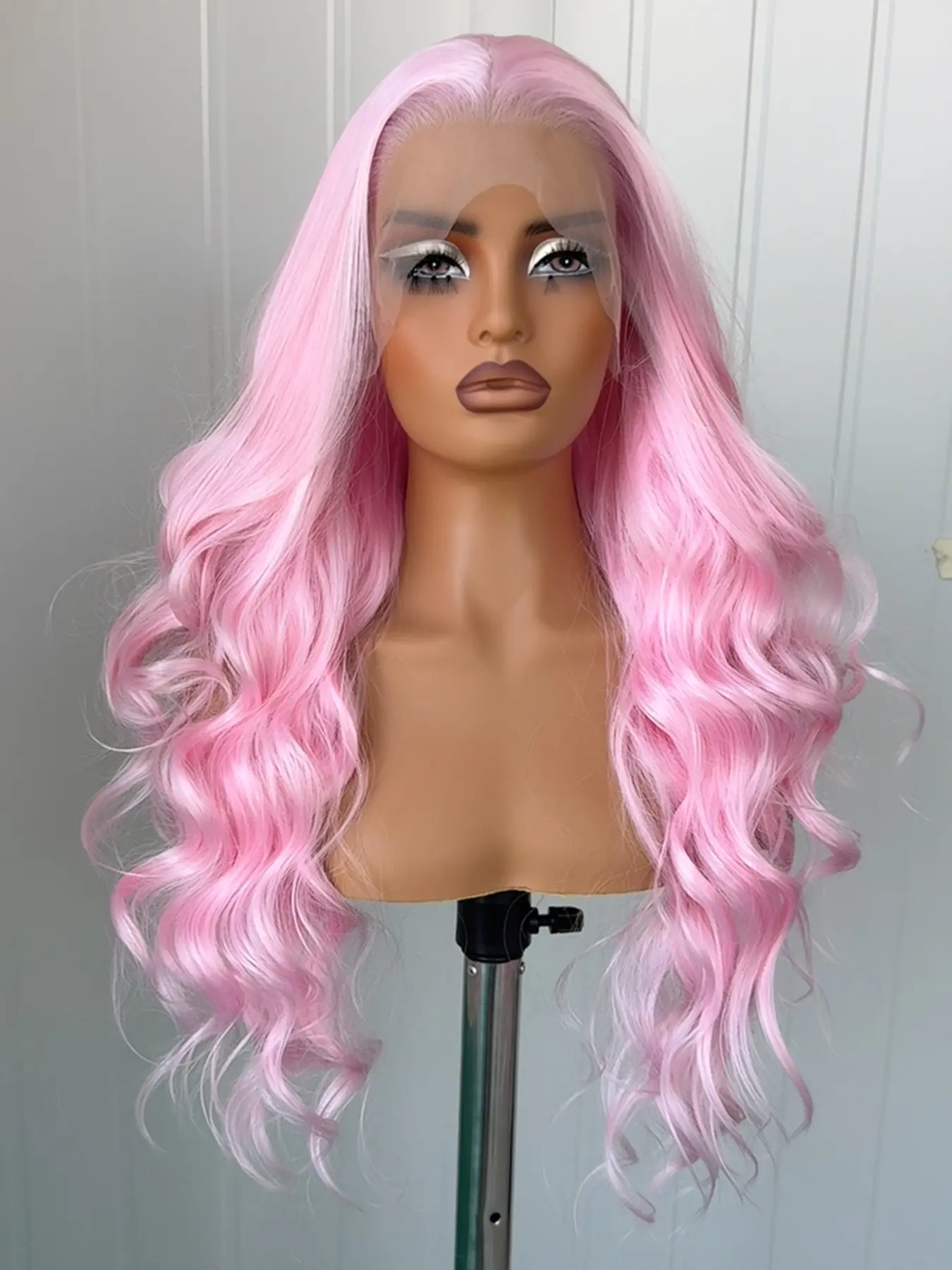 26inch Synthetic Frontal Lace Wig Body Wave Lace Wig for Women Pink Wig Heat Resistant Hair Curly Wave Synthetic Long Wave Wig Pastel Pink Daily Use Cosplay Premium Synthetic Wigs
