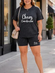 Summer Plus Size Women Black Chaos Coordinator Print Oversized T Shirt & Shorts 2 Piece Set Summer Casual Lounge Outfit