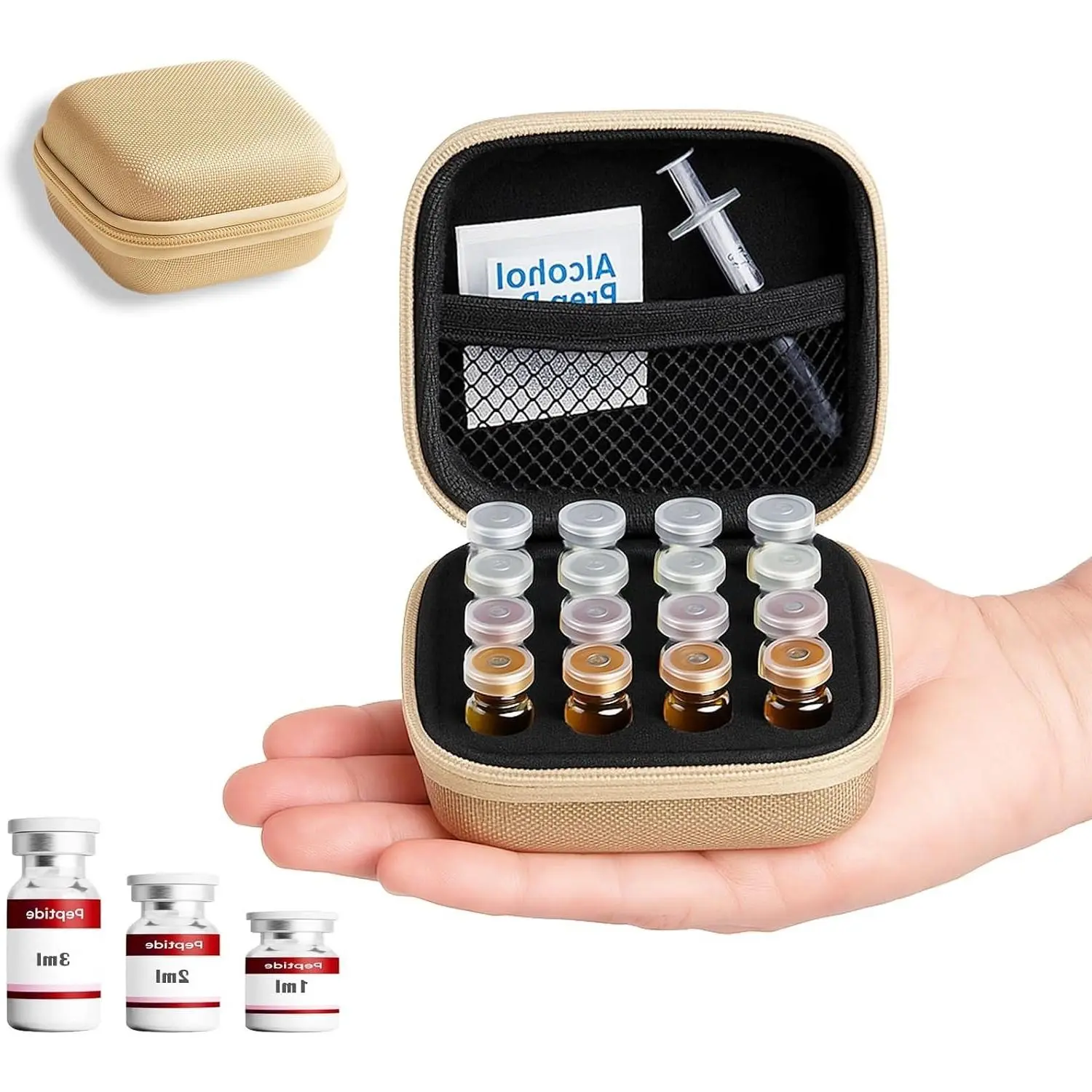 Peptide Vial Storage Case for Fridge - 16-Slot Hard Shell Organizer for 1-3ml Insulin, GLP-1 & Peptide Vials, Travel Case with Hand StrapGift