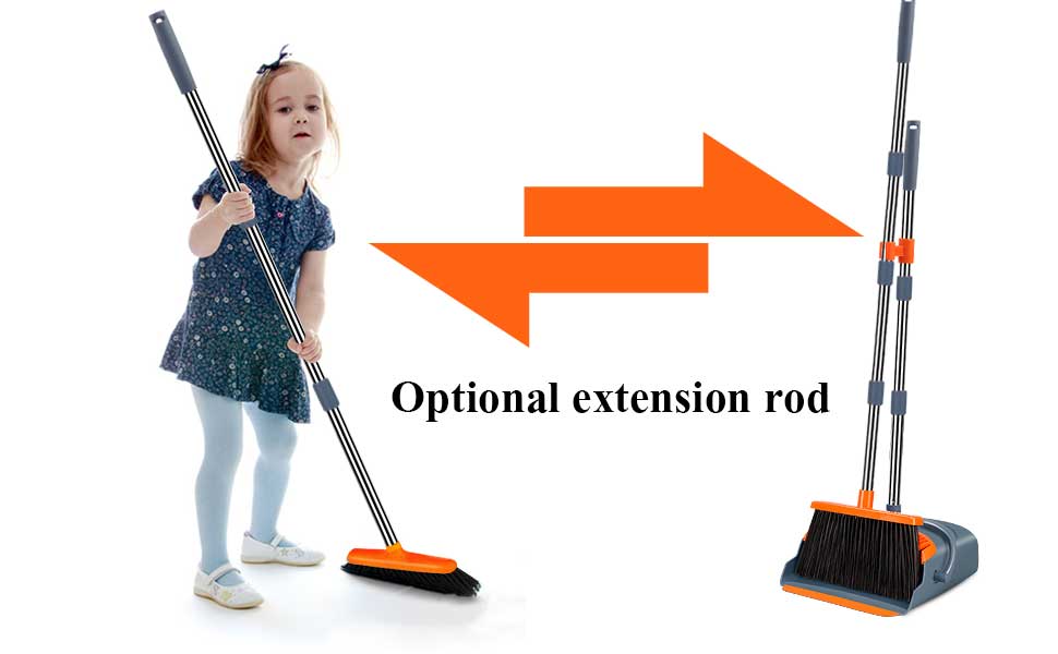 Upgraded broom and dustpan set with automatic cleaning of dustpan teeth, indoor and outdoor sweeping function, for households with dogs, cats and pets.Upright broom and dustpan (gray and orange)