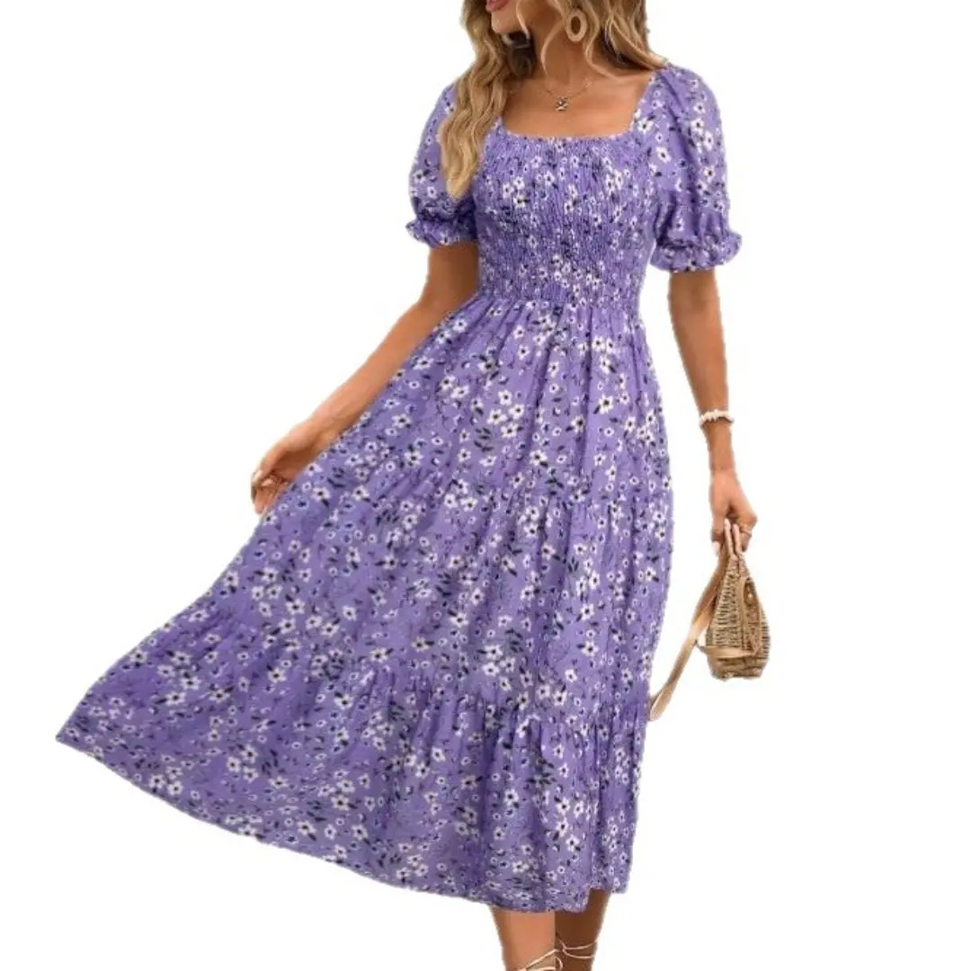 Printed Square Neck Waist Bubble Sleeve Layered Women's Dress Sweet Wind # clothing flowy long women dresses for summer
