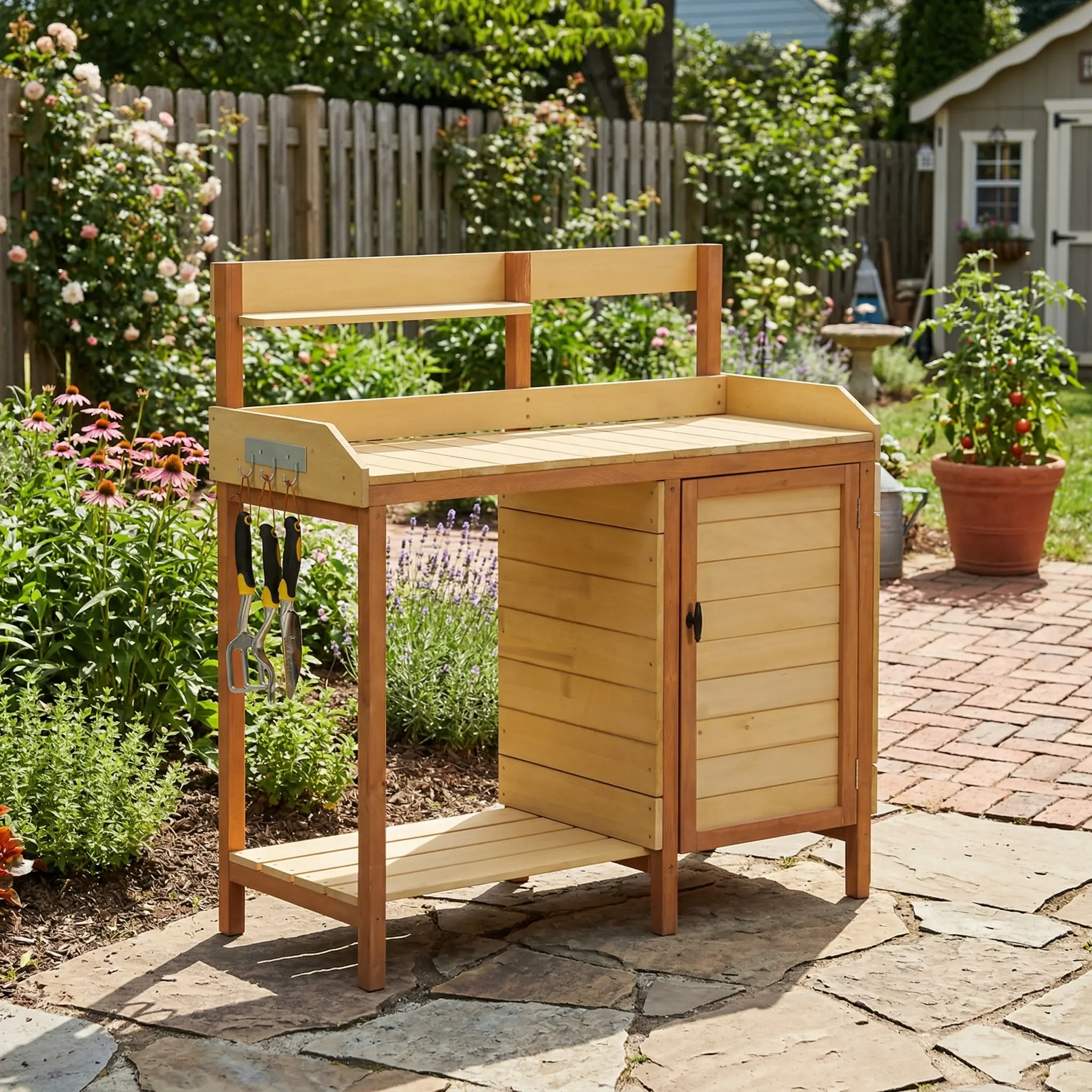 Nokaa Outdoor Wooden Potting Bench Table with Sink and Storage Cabinet, Multifunctional Garden Workstation with Sliding Tabletop, Removable Tray, Bottom Shelf, Side Hooks, Solid Wood, Reddish Brown/Yellow Options, for Patio Lawn Backyard