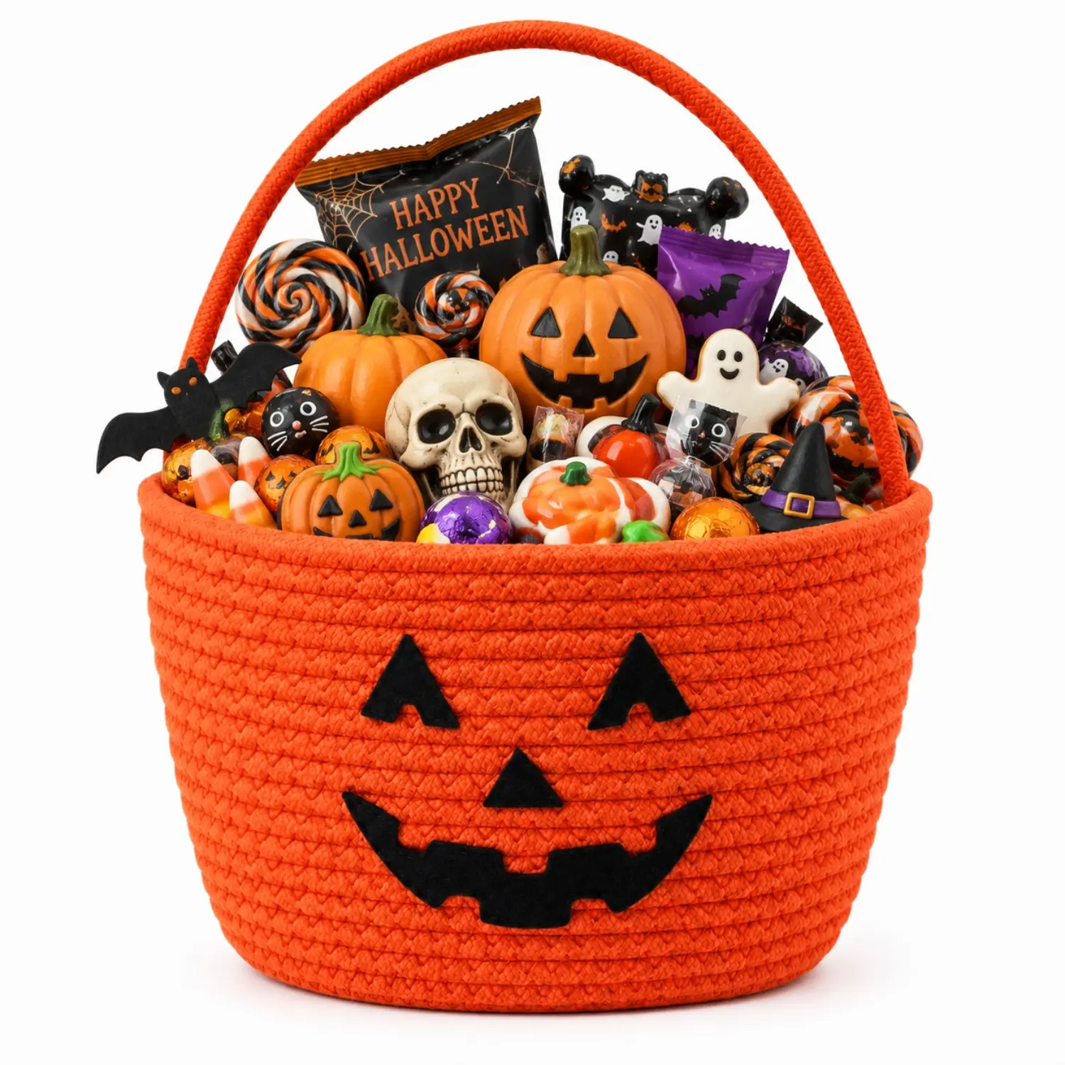 Halloween Basket, Bucket Pumpkin, Cotton Rope Woven with Cute Face, Trick or Treat Candy Storage, Sturdy Handle, Halloween Party Favor and Decoration(Only Basket）
