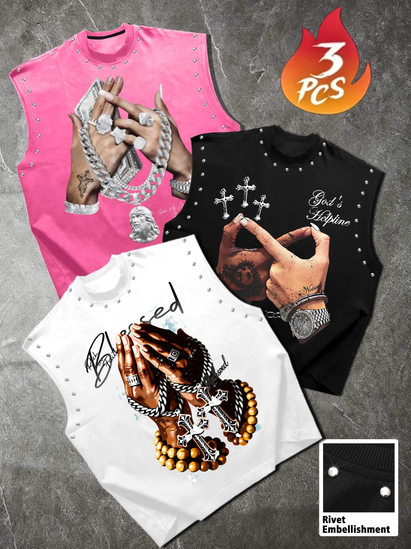 Men's Summer Casual Hip Hop Loose Tank Top, Round Neck Rivet Detail, Gratitude Prayer Hand Cross Print, Lazy Fit Daily Layering Sleeveless Shirt