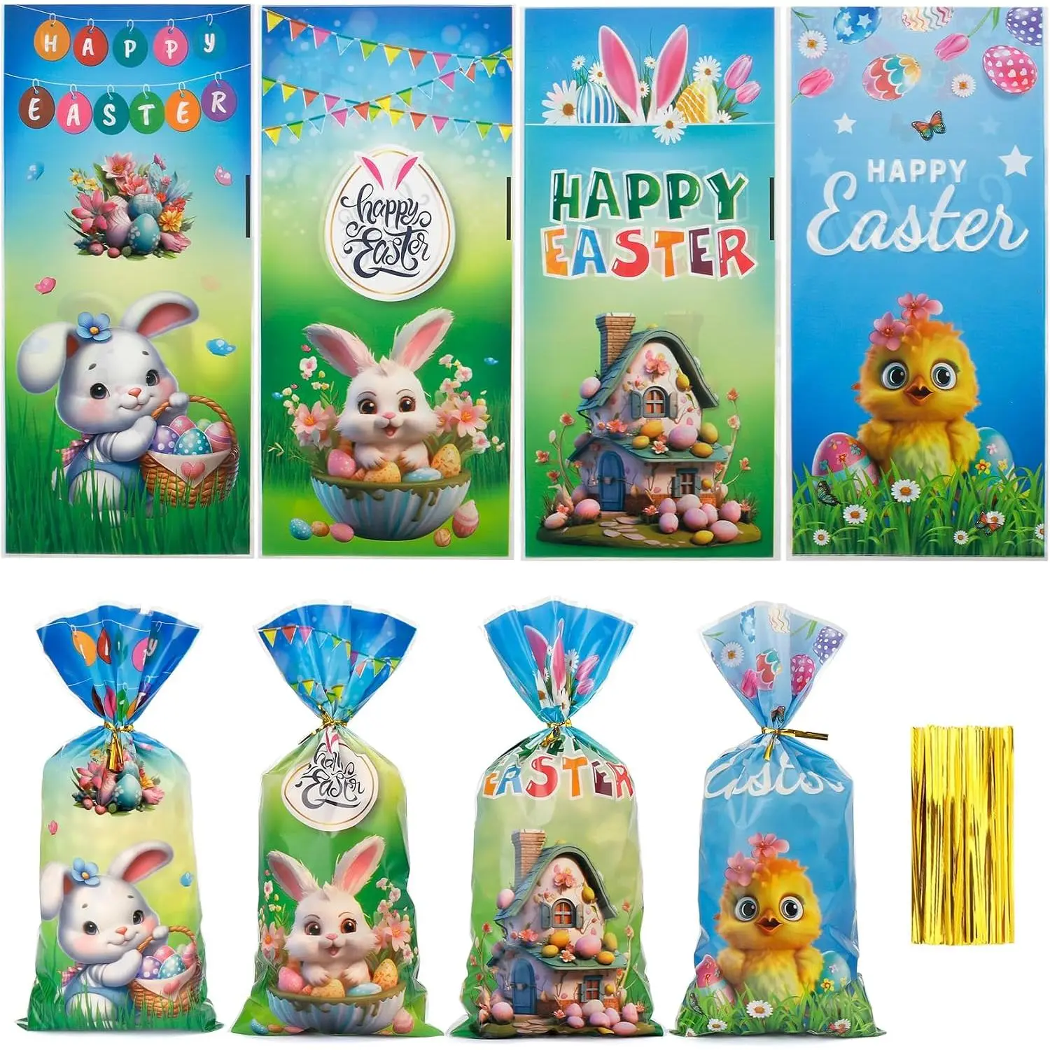 Easter  Bags, Easter Cellophane  Bags, 100 count Easters Candy Bag, Plastic Rabbits  Cookie Goodie Bag with  Twist Ties for Easters Party Favor Supplies, 5x11 Inch
