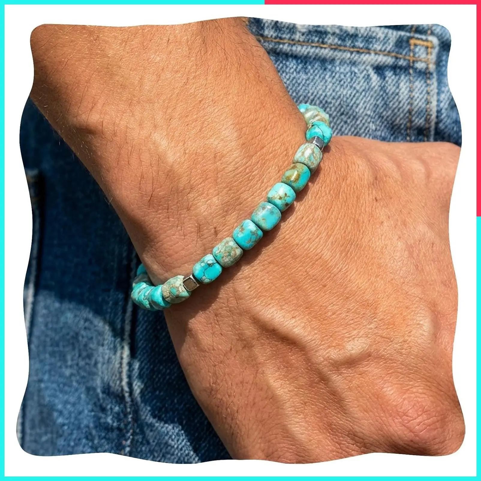 Turquoise and Hematite Natural Stone Adjustable Bracelet, Unisex December Birthstone Jewelry