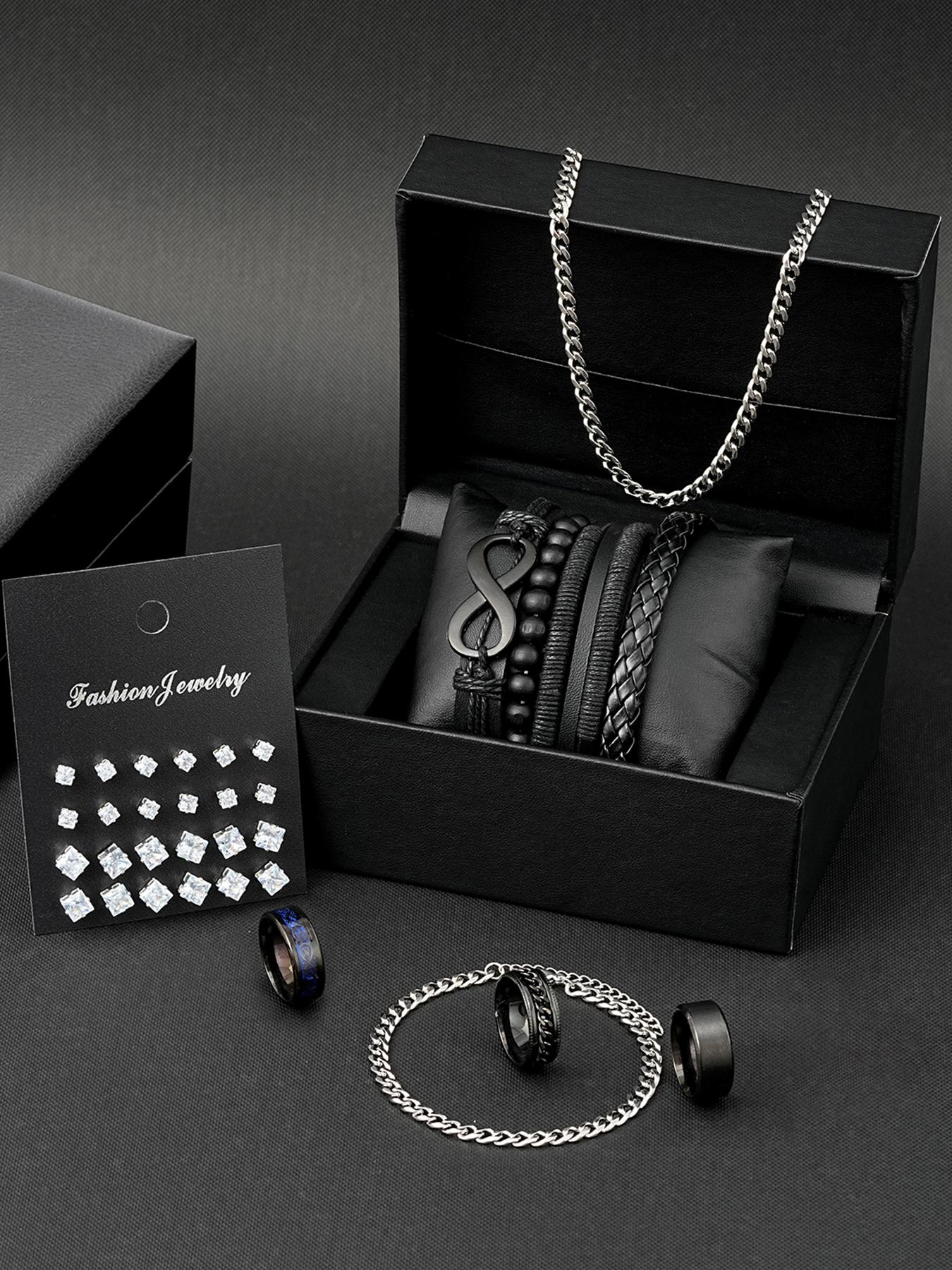 Men's Fashion Jewelry Set, 33 Counts Casual Rhinestone Decor Beaded & Drawstring Design Necklace & Bracelet & Stud Earrings & Rings for Men, Fashion Jewelry for Party, Daily Clothing Decor, Trendy All-match & Exquisite Jewelry for Birthday Gift