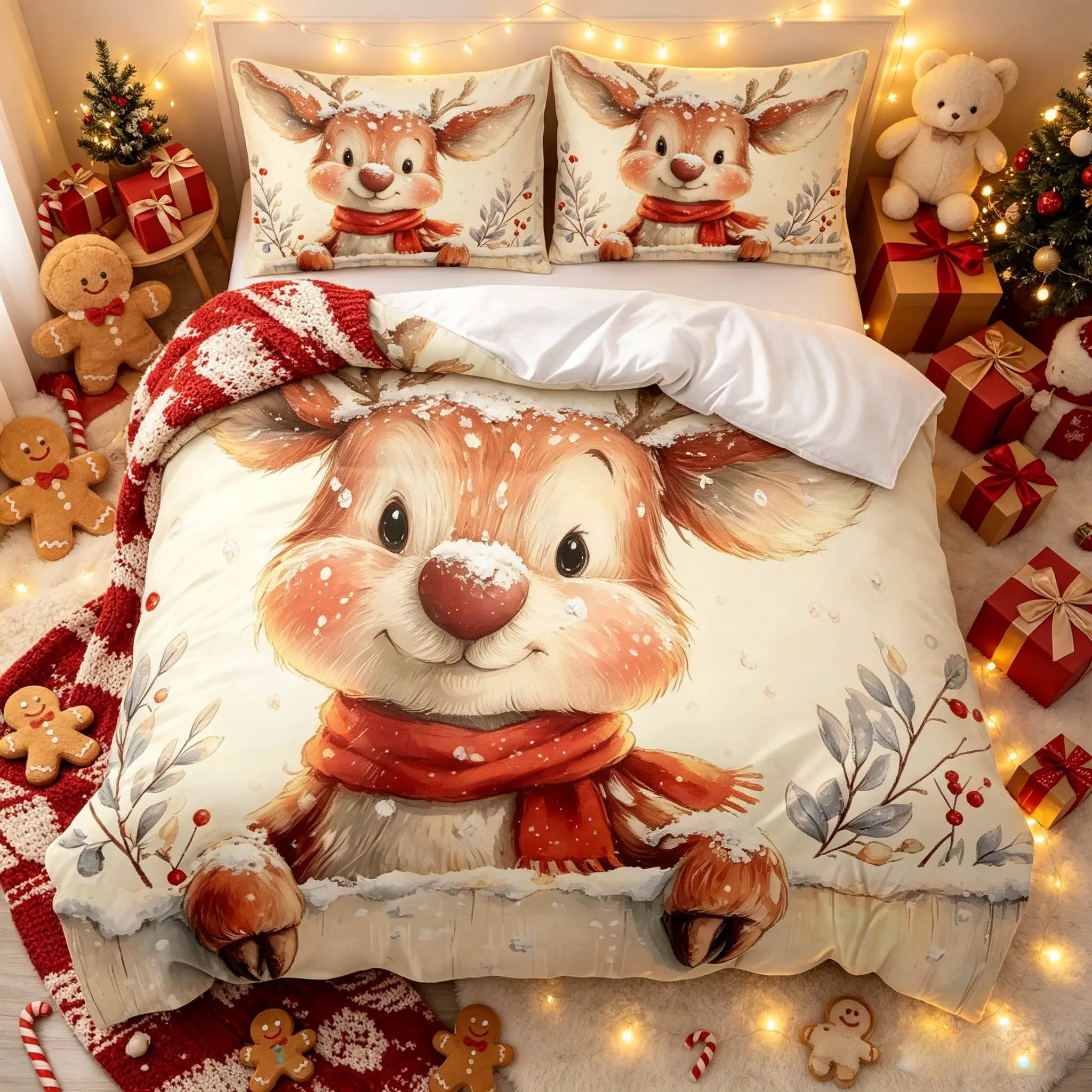 3-Piece Christmas Bedding Set, Cute Reindeer Pattern, Soft Comfortable Fabric, Includes 1 Duvet Cover and 2 Pillowcases, Ideal for Bedroom, Hotel, Dormitory