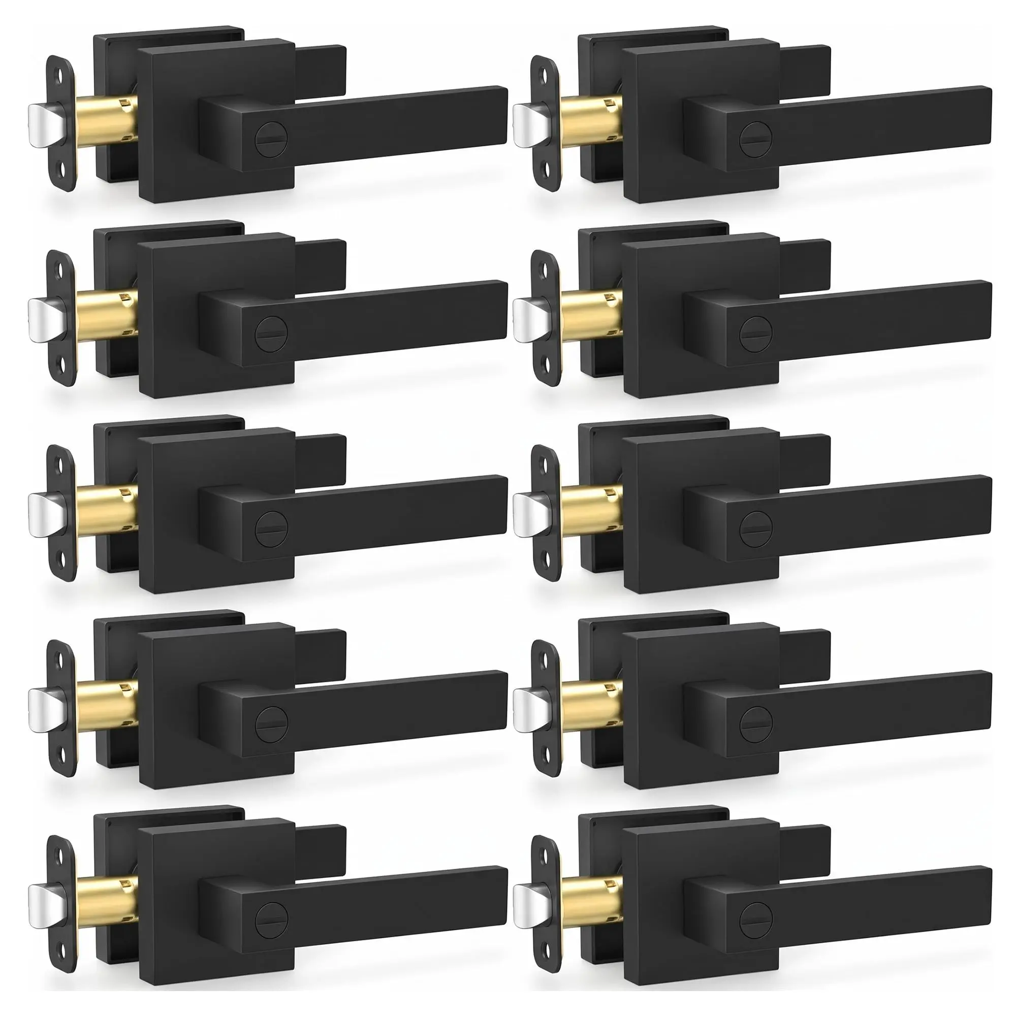 10 Pack Black Heavy Duty Door Lever with Lock, Square Privacy Door Knob with Lock, Aluminum Interior Door Handle Set, Reversible for Left & Right Hand Doors