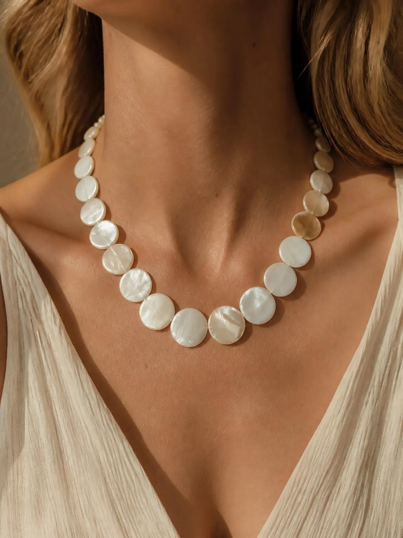 Summer White Beaded Necklace for Women, Shell Style Chunky Necklace, Boho Beach Jewelry Accessory, Trendy Vacation Gift